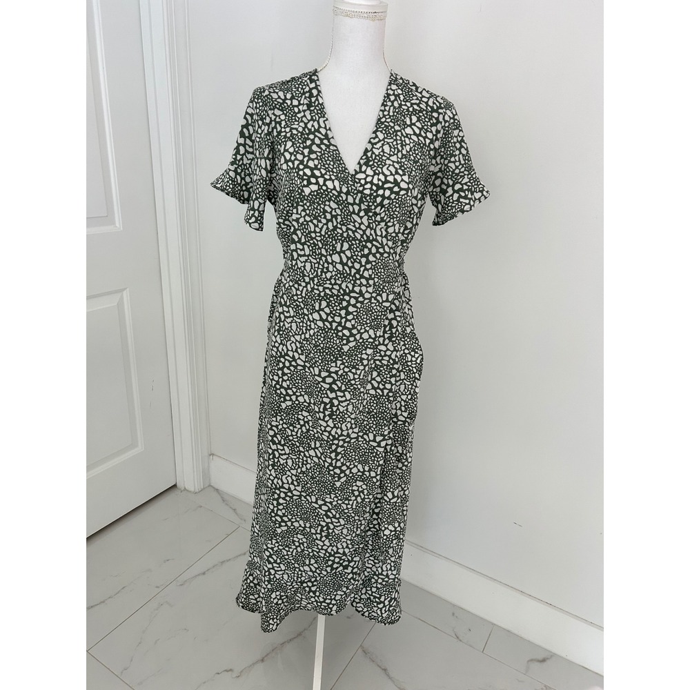 Vero Moda Green White Abstract Pebble Print Wrap Midi Dress Flutter Sleeve L